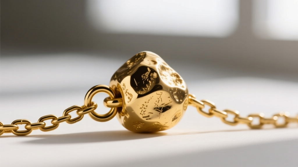 Close-up of a heavy-duty soldered gold bail connecting an asymmetrical cast gold nugget to a 5mm solid wheat chain link.