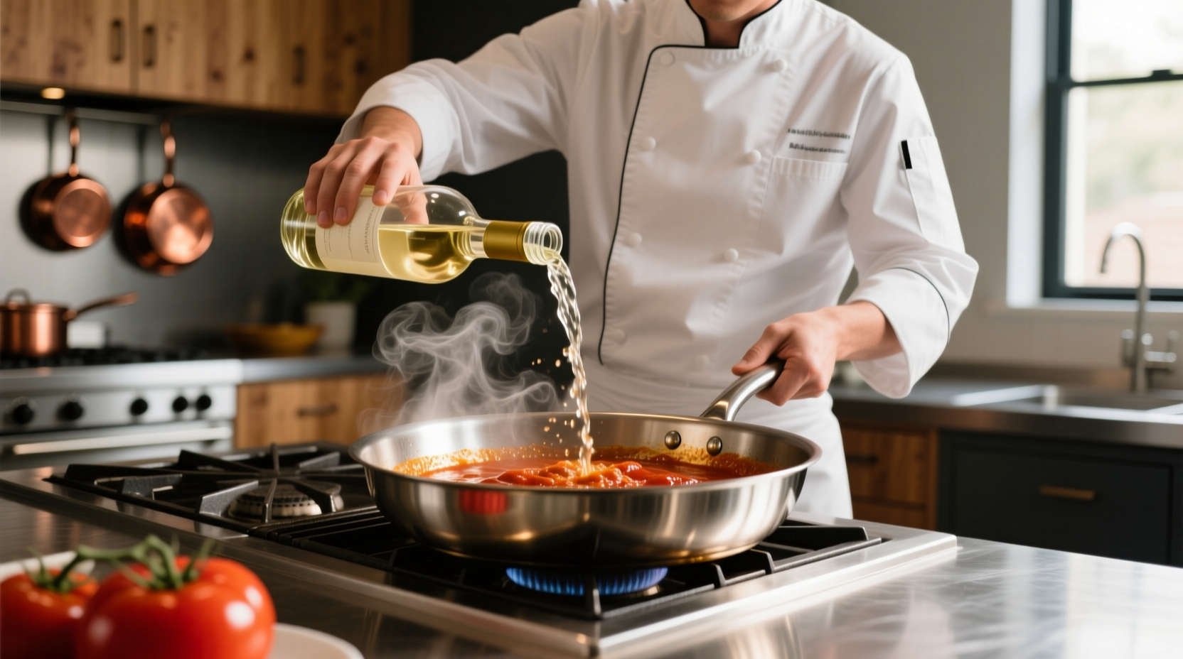 Chef deglazing pan with white wine for tomato sauce
