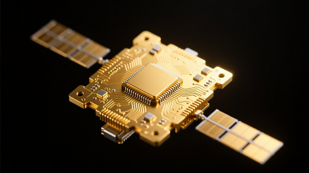Glowing gold microchip and satellite component on a dark background, representing aerospace and electronics industrial gold demand.