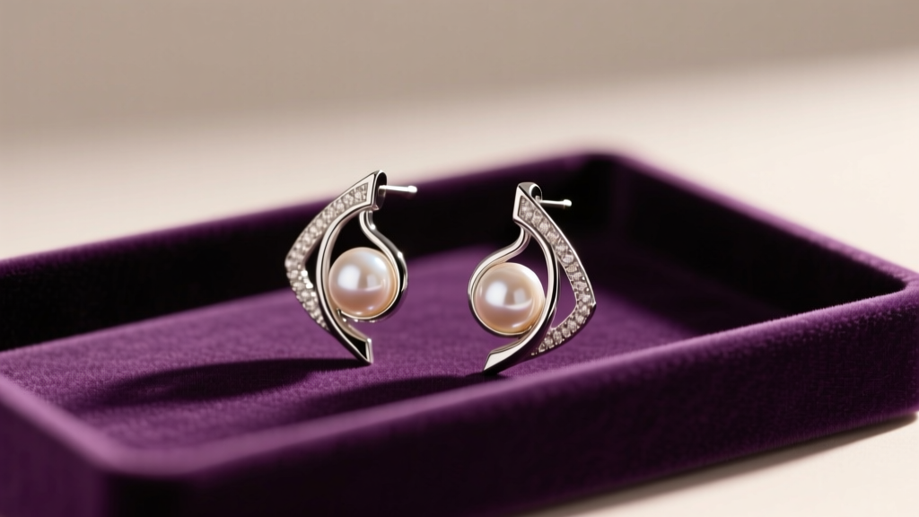 Silver and pearl asymmetrical K-pop earrings resting on a purple velvet display tray under soft, warm studio lighting setup