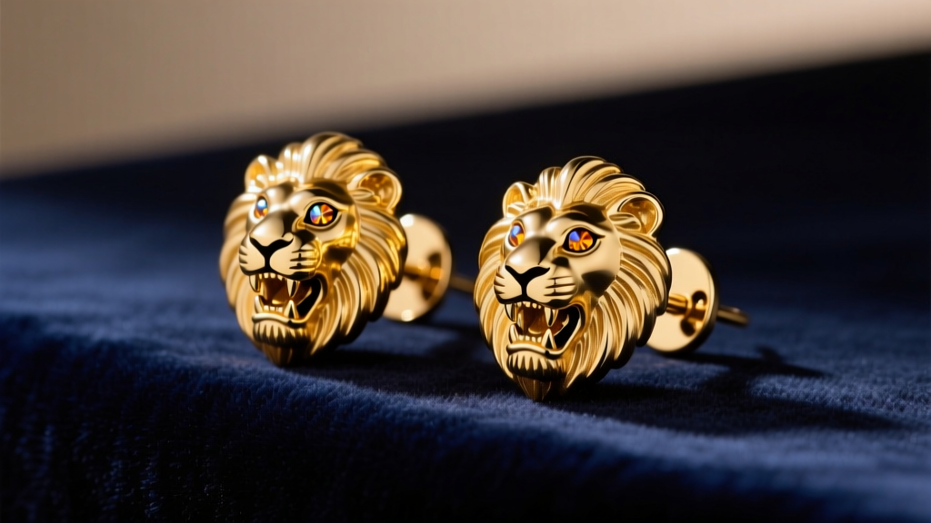 Vintage Kenneth Jay Lane gold-plated lion head clip-on earrings resting on dark velvet under soft, warm studio lighting.
