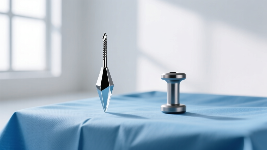 Side-by-side view of a hollow beveled piercing needle and a blunt piercing gun stud resting on a sterile blue drape in a studio