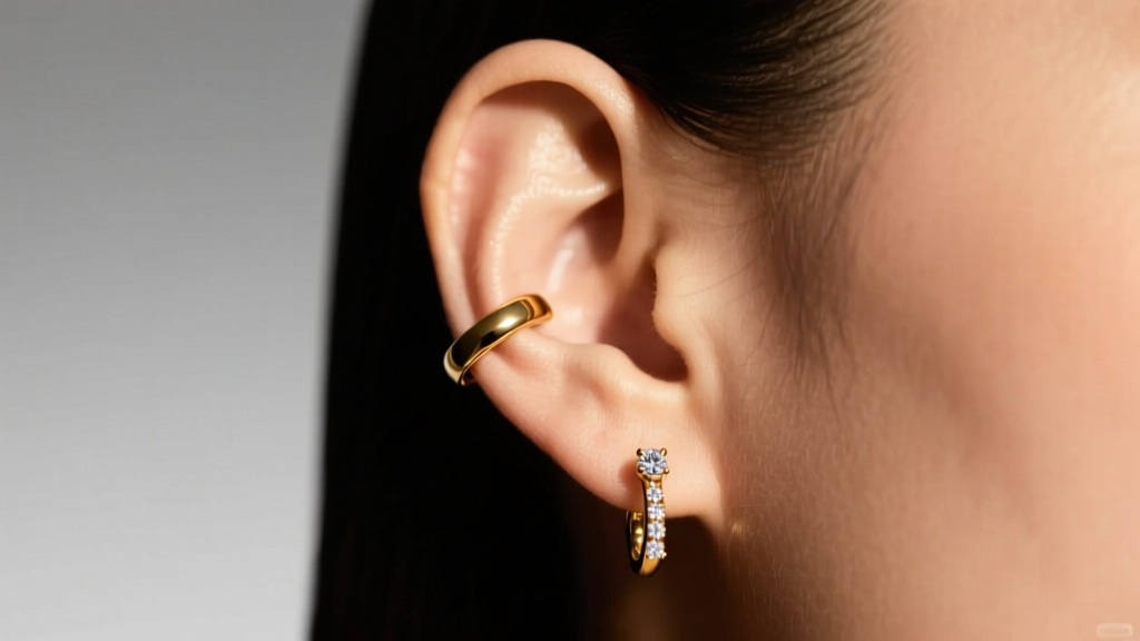 Side profile of an ear showing a clean 18k gold cartilage cuff and a diamond huggie hoop, illuminated by warm studio lighting