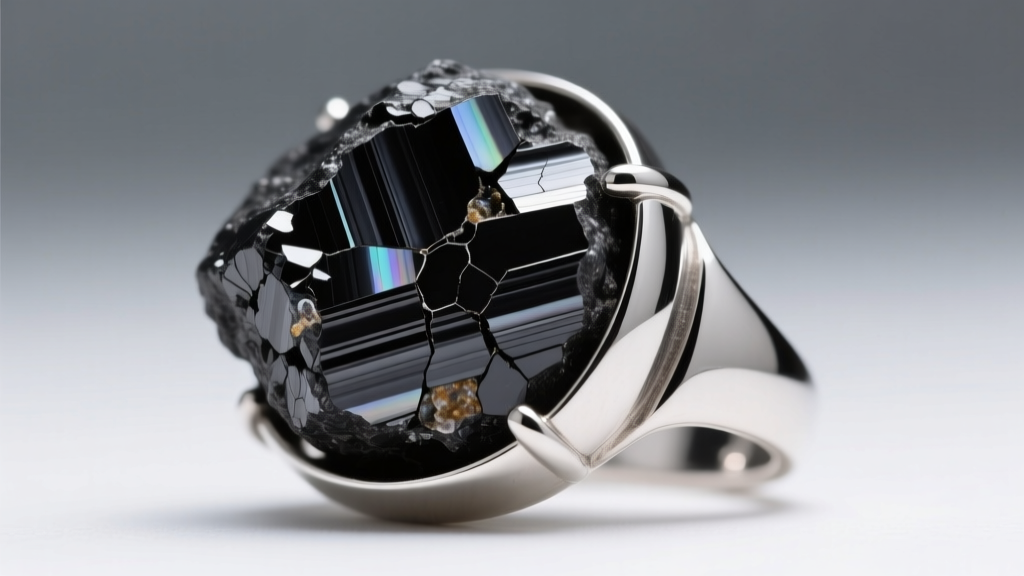 Close-up of raw shungite stone showing brittle, layered carbon structure, held securely in a heavy sterling silver bezel setting.