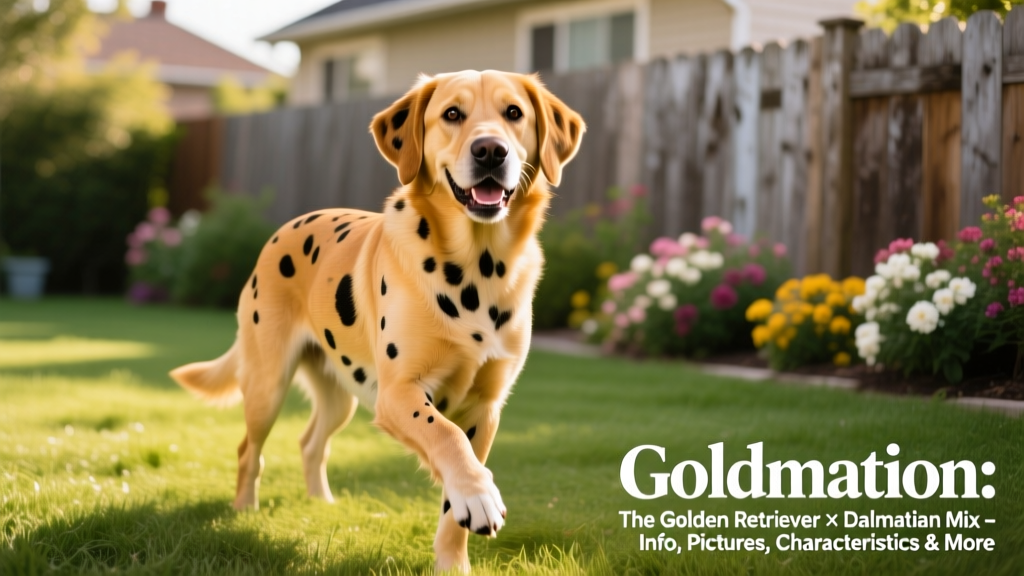 A happy, medium-sized Goldmation standing in a sunlit backyard, showing its golden base coat with distinct black spots and expressive eyes