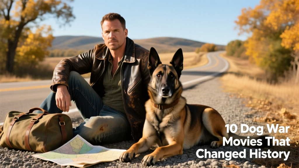 Channing Tatum and a calm, focused Belgian Malinois sitting together on a roadside during a cross-country road trip
