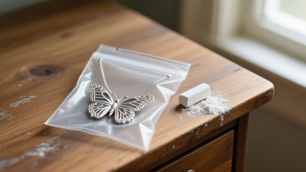 Silver butterfly necklace sealed in an anti-tarnish bag with chalk, resting on an oak dresser surface in soft, warm ambient light.