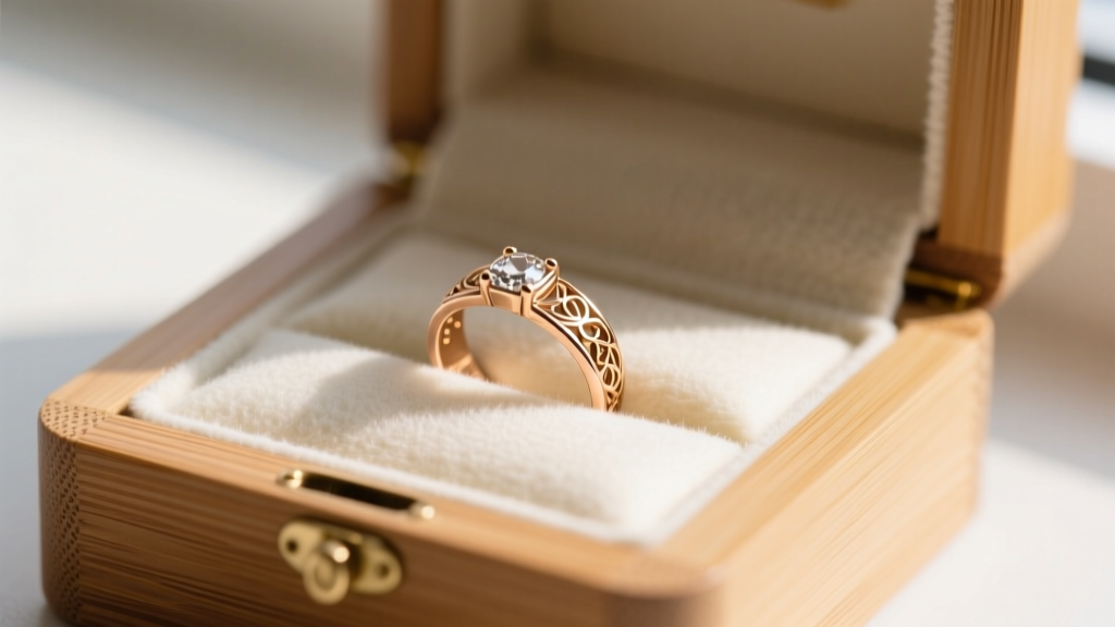 Close-up of a 14k rose gold ring nestled in cream anti-tarnish flannel inside a minimalist bamboo wood presentation box.
