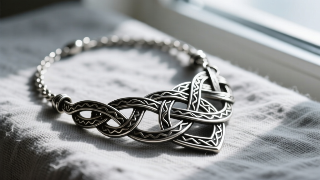 Side view of oxidized silver Celtic shield knot necklace showing dark recessed background and polished raised lines on grey linen