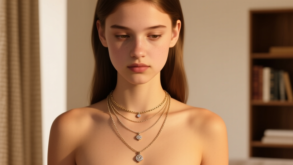 Woman wearing three layered small chain necklaces at 14, 16, and 18 inches, showcasing cascading drop, warm indoor lighting.