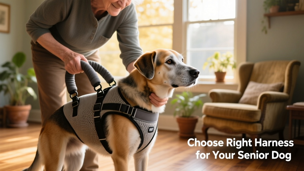 Owner gently lifting a senior dog using a supportive rear-lift harness with padded handles