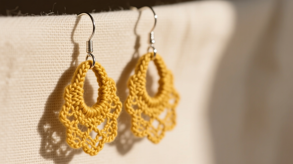 Close-up of lace-weight cotton knitted earrings in mustard yellow, hanging from titanium ear wires on a soft beige linen backdrop.