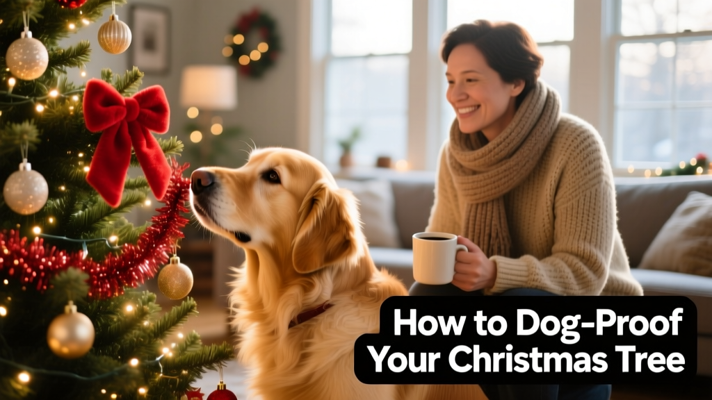 A golden retriever curiously sniffing a decorated Christmas tree while a pet parent watches nearby
