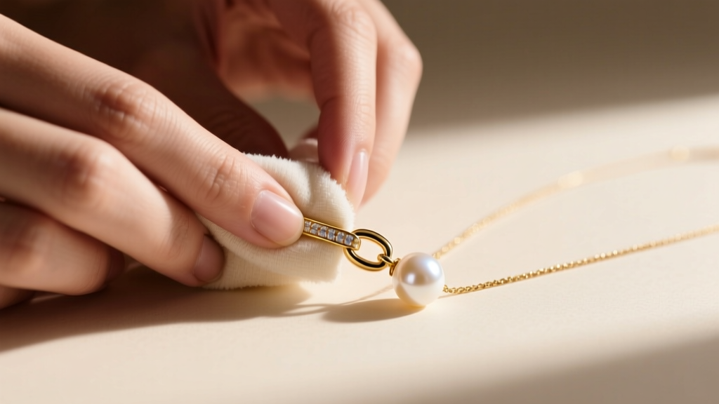 Hands gently polishing a gold vermeil necklace clasp with a damp microfiber cloth, carefully avoiding the adjacent pearl gemstone