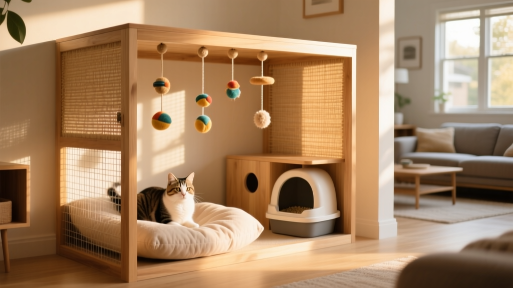 A cozy, well-equipped cat pen with a soft bed, hanging toys, and a small litter box inside