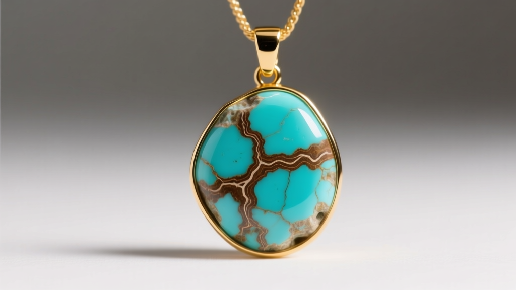 Close-up of raw turquoise rock pendant in gold bezel, highlighting natural brown matrix veins under soft, warm studio lighting.