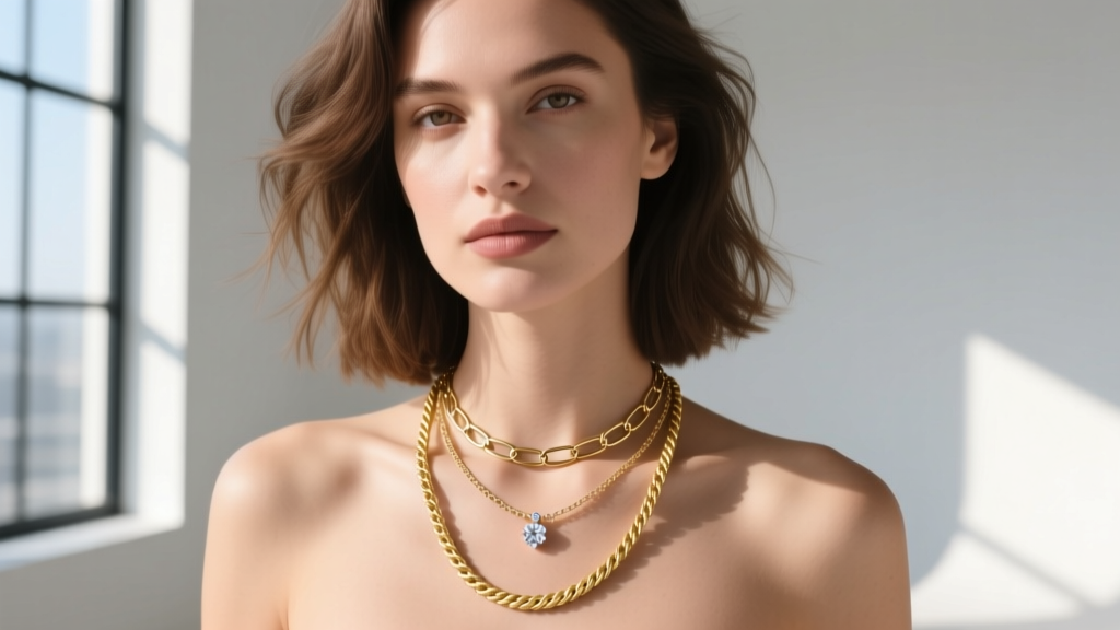 Woman wearing a layered stack with a small diamond chai pendant on a 16-inch paperclip chain and a 20-inch gold rope necklace