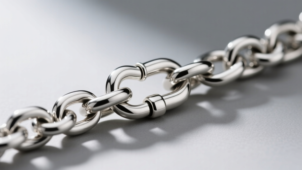 Macro shot of a 14-gauge sterling silver rolo circle chain showing interlocking round links and a sturdy lobster clasp