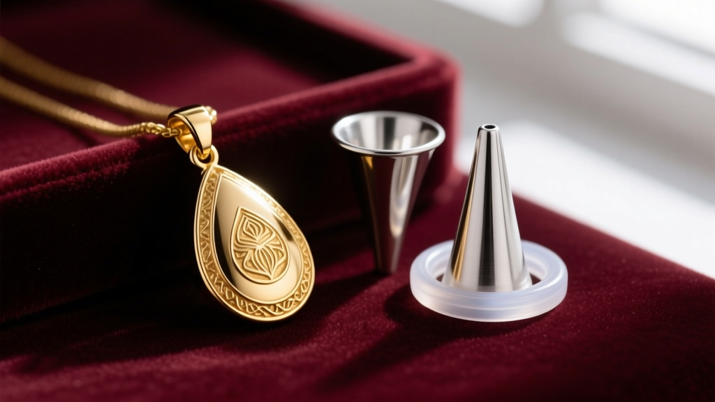 Close-up of a gold teardrop cremation pendant on velvet beside a small silver funnel and a clear rubber O-ring sealing gasket.