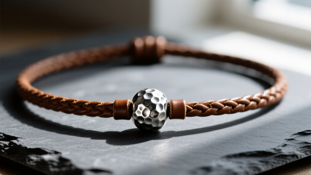 Close-up of a 2mm brown full-grain leather cord necklace with a hammered sterling silver focal bead on a dark slate surface