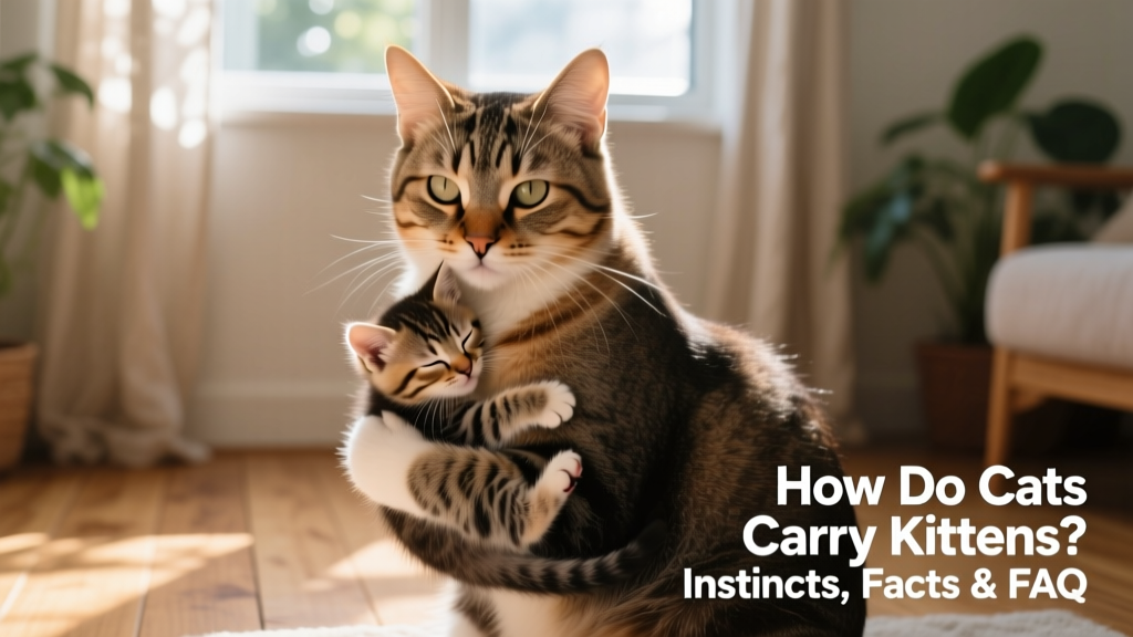 Mother cat gently carrying a kitten by the scruff of its neck