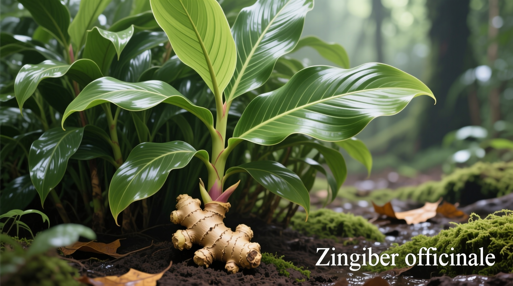 Ganze Ingwerpflanze mit Blättern und sichtbarem Rhizom