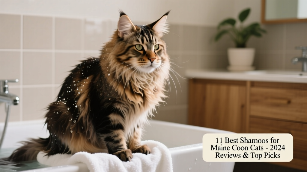 A relaxed Maine Coon sitting on a towel during a gentle bath, with water droplets glistening on its fur