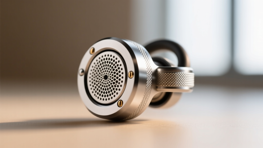 Extreme macro shot of a titanium audio ear cuff showing the microscopic directional speaker mesh and magnetic charging contacts.