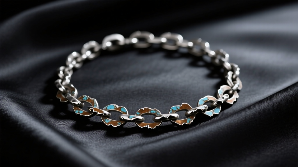 Oxidized sterling silver chain necklace with raw edges resting on dark fabric under moody, directional studio lighting.