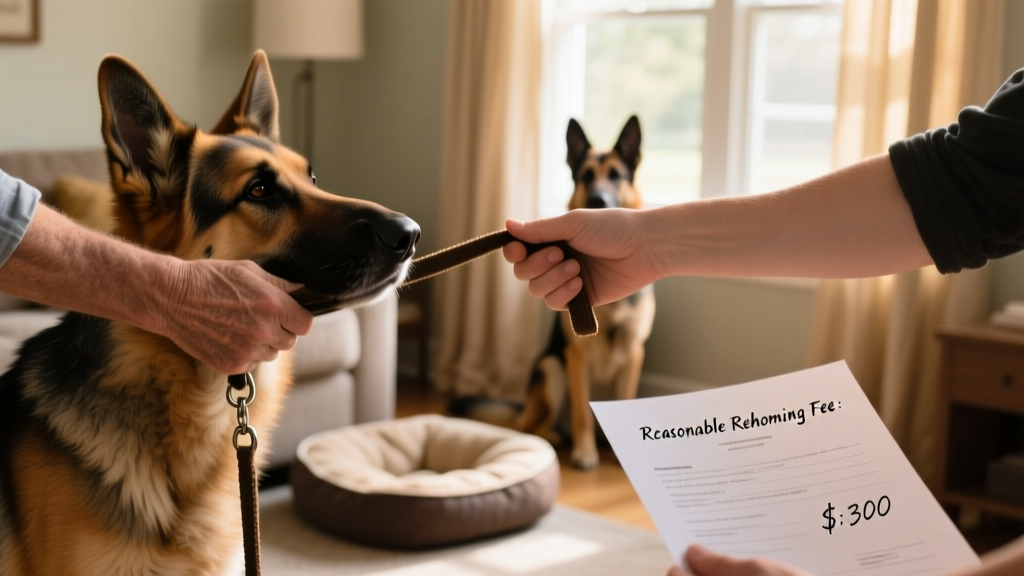 Two hands exchanging a leash and adoption paperwork between a current owner and a prospective adopter