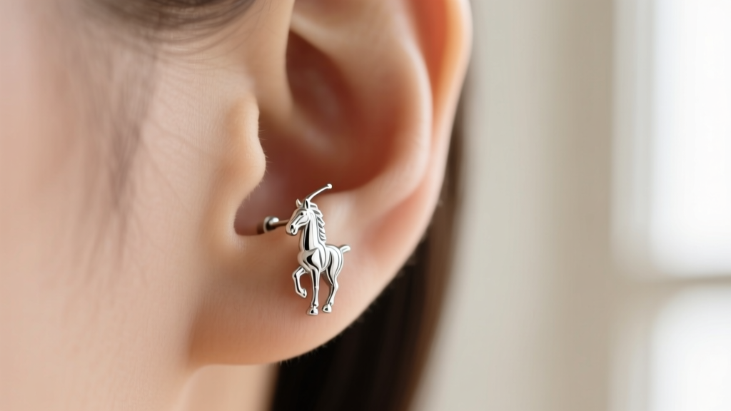 Close-up of a sterling silver Ralph Lauren polo pony stud earring on an earlobe, soft natural lighting, quiet luxury aesthetic.