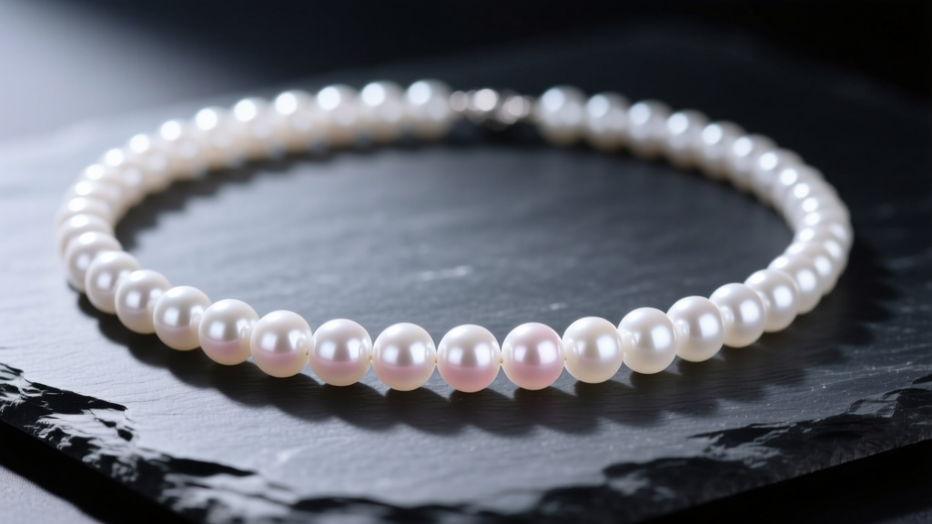 Close-up of a white freshwater cultured pearls necklace on dark slate, highlighting sharp reflections and subtle rose overtones.