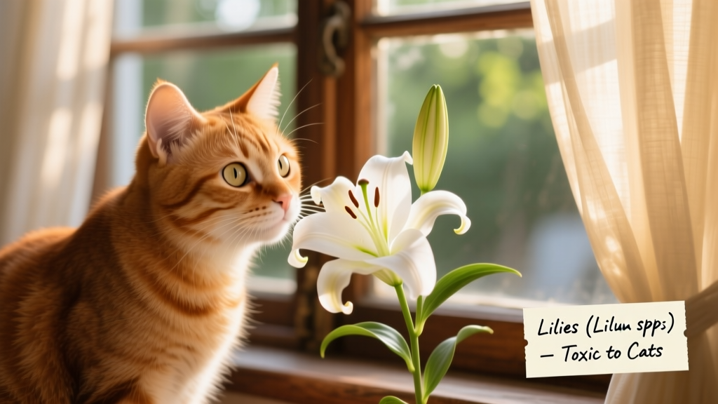 Close-up of a curious cat sniffing a lily plant on a windowsill