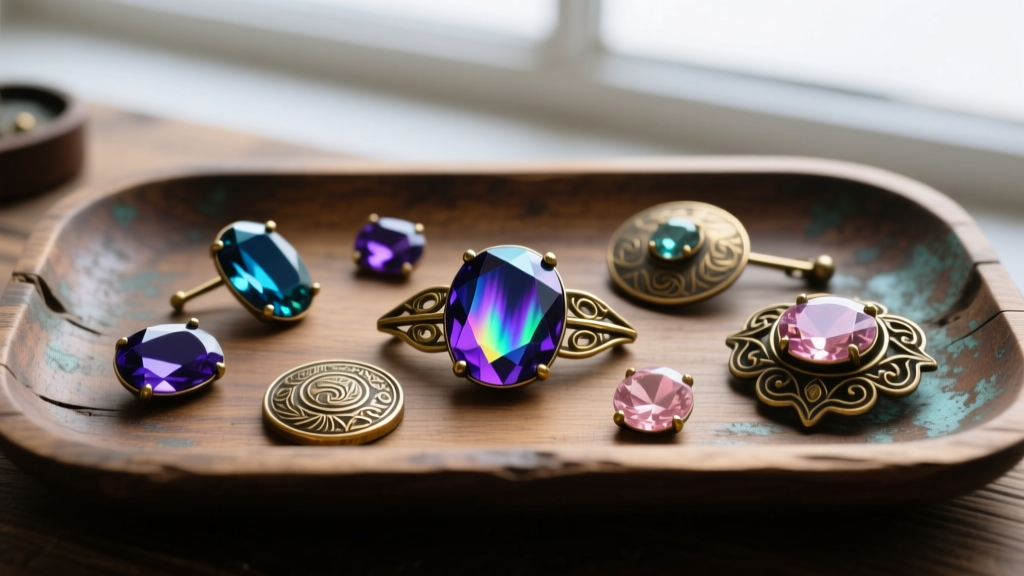 Flat lay of vintage Aurora Borealis rhinestones, brass stampings, and patinated pot metal brooches on a wooden jeweler's bench.