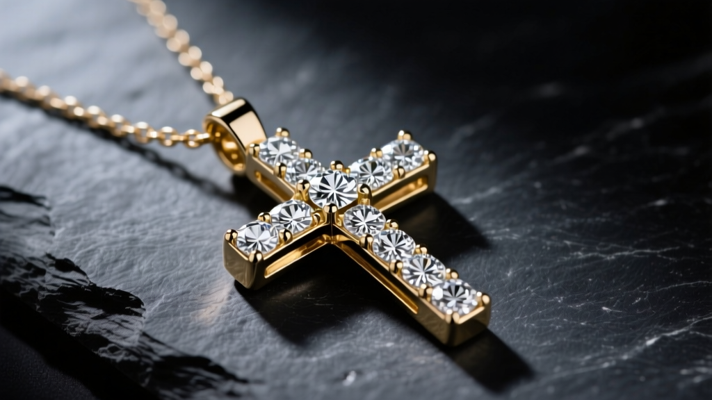 A 14k white gold mens diamond cross necklace on dark charcoal slate, illuminated by dramatic moody lighting with sharp macro focus
