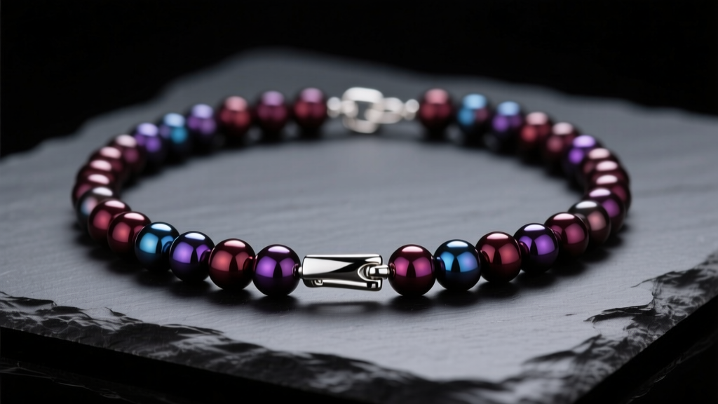 8mm natural hematite bead necklace on dark slate, showing metallic luster and a silver clasp under soft studio lighting.