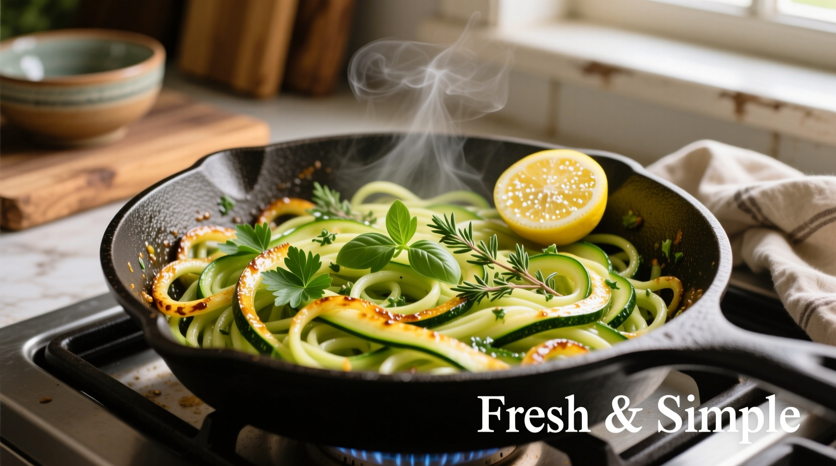 Fresh zucchini noodles in a skillet with herbs