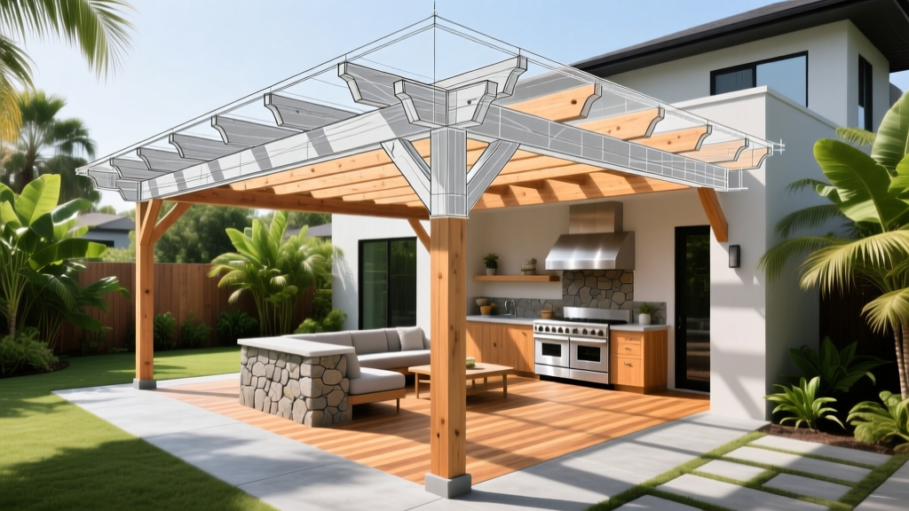 Architectural blueprint of a cedar pergola patio cover overlaid on a finished backyard space with stamped concrete and outdoor kitchen