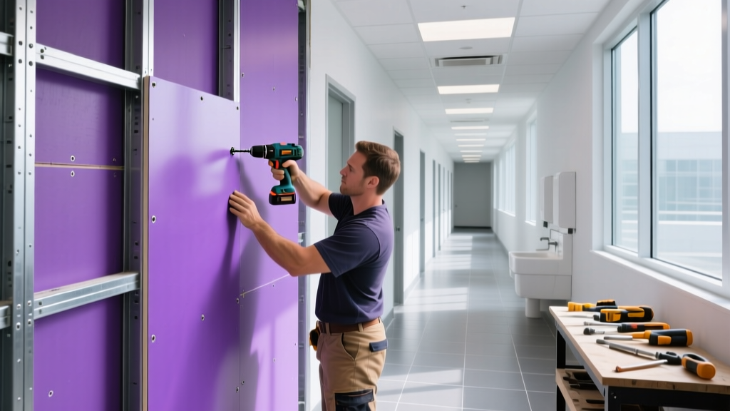 Contractor securing purple moisture-resistant gypsum board to metal framing in a bright commercial restroom corridor during renovation.