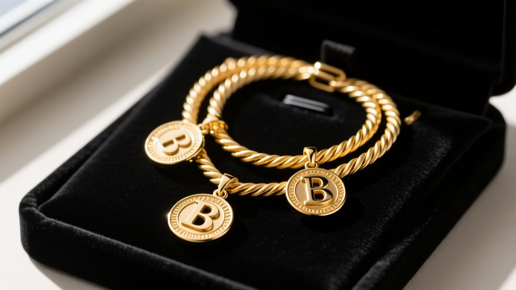 Close-up of a tangled 14k gold cable chain holding three overlapping initial pendants, resting on a dark velvet jewelry display pad.