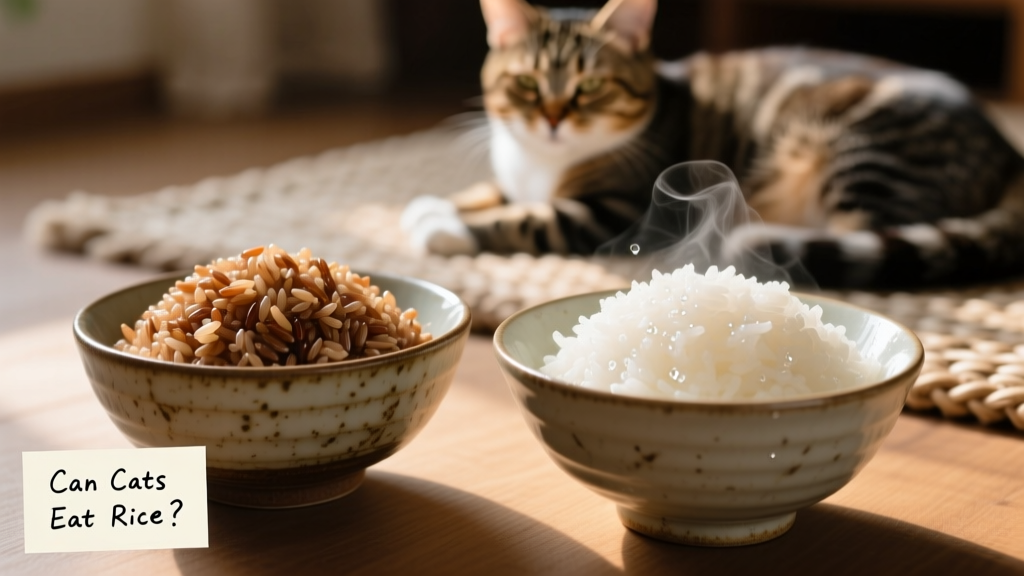Close-up of steamed brown rice and white rice side by side in small ceramic bowls