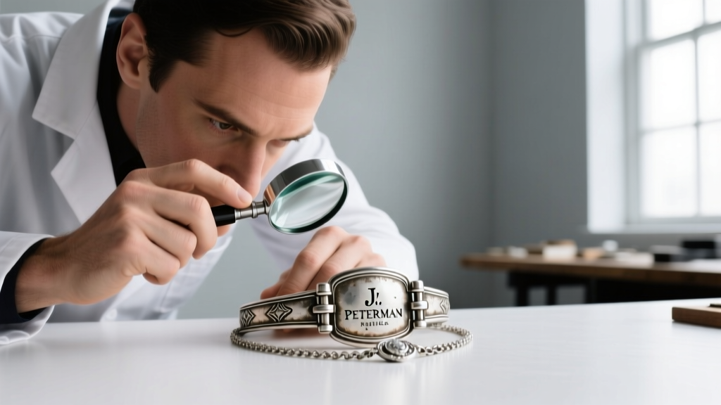 A jeweler using a loupe to inspect the hallmark stamp on the sterling silver clasp of a vintage J. Peterman replica necklace.