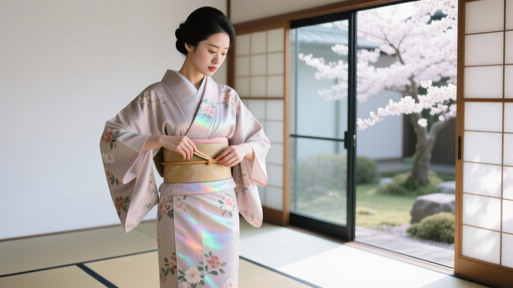 A woman wearing a floral yukata demonstrating the first wrap of a 15-centimeter wide Hanhaba Obi around her waist.