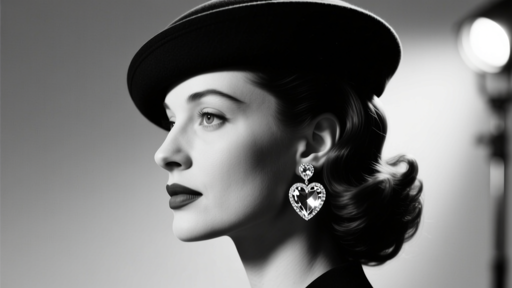 Black and white cinematic still of a woman wearing large heart-shaped diamond drop earrings, dramatic studio lighting, 1950s style