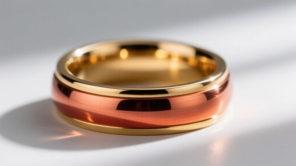Macro shot of a polished brass and copper bi-metal ring, showing distinct color contrast and a smooth, sealed high-shine finish.