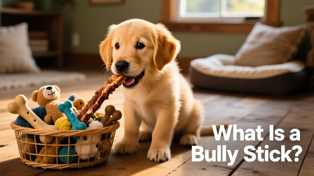 Puppy happily gnawing on a small, thin bully stick beside a chew toy basket