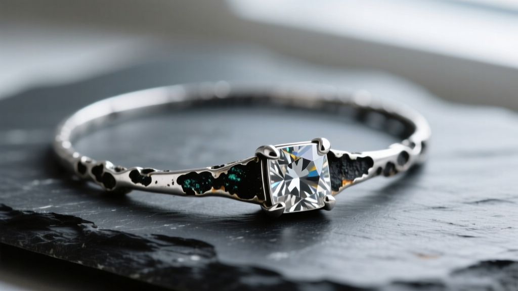 Macro shot of a tarnished sterling silver CZ necklace on dark slate, highlighting black silver sulfide buildup around the prongs.