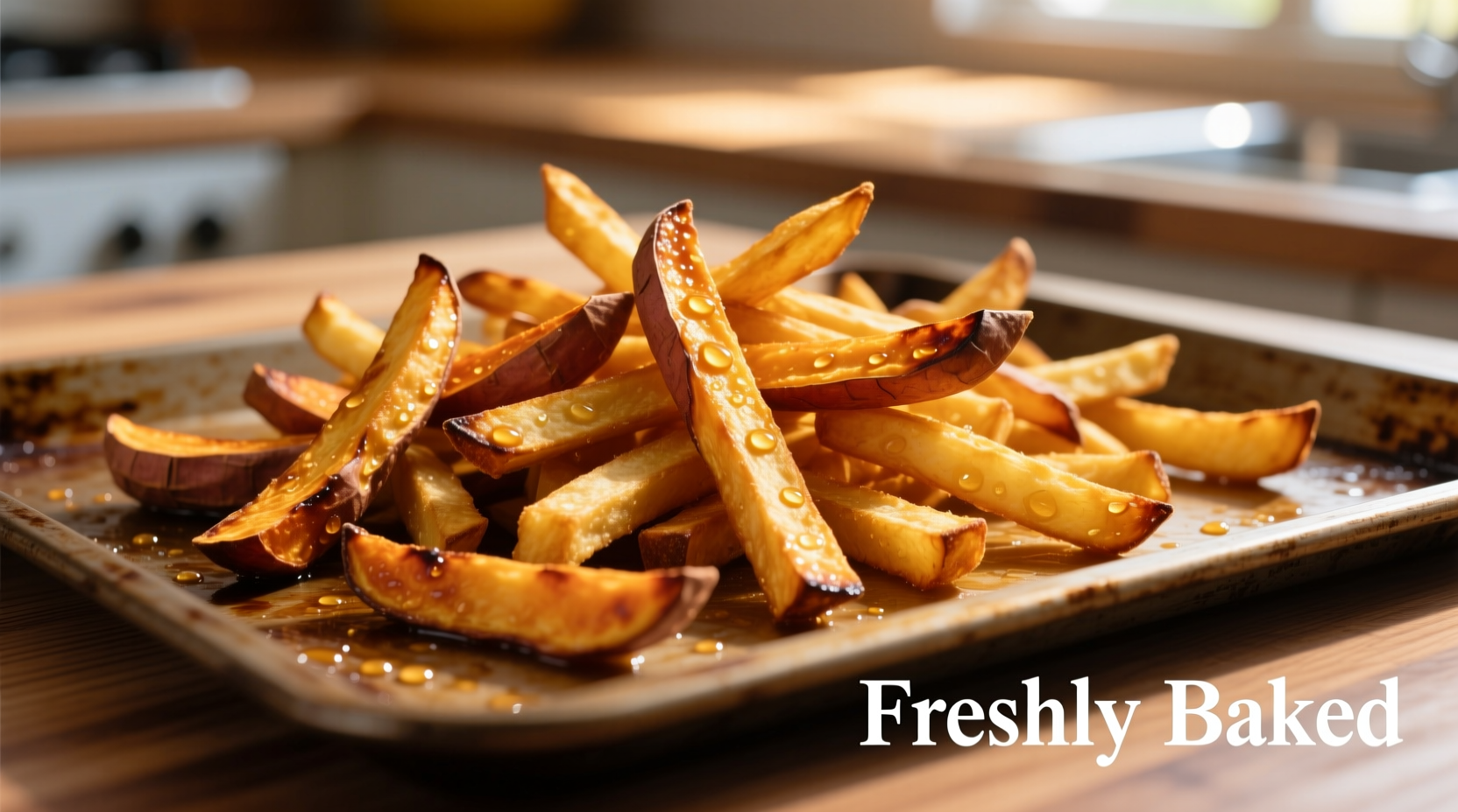 Golden crispy sweet potato fries on baking sheet