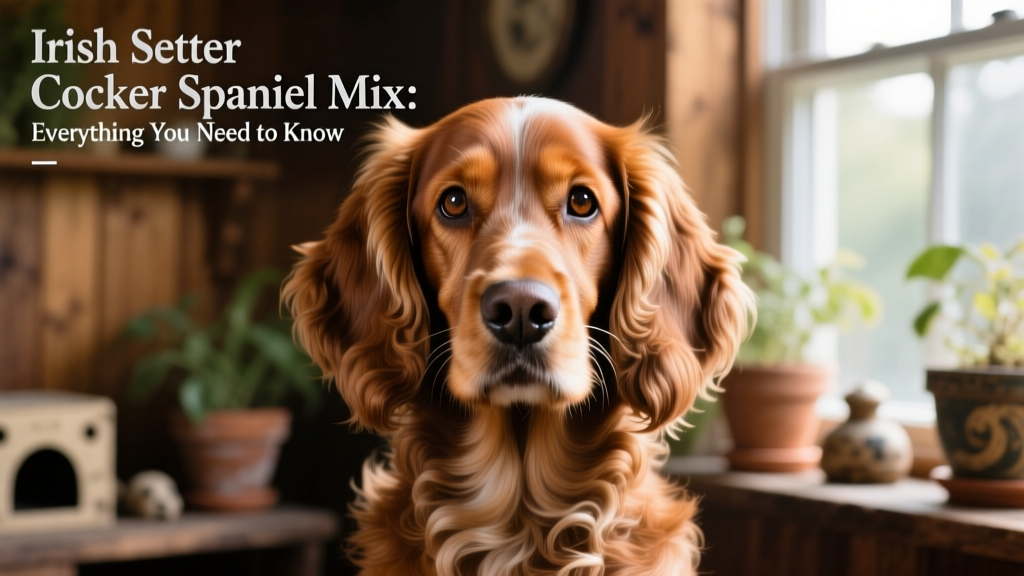 Close-up of a well-groomed Irish Setter Cocker Spaniel mix showing soft, wavy fur, clean ears, and bright, healthy eyes—highlighting grooming details and overall vitality