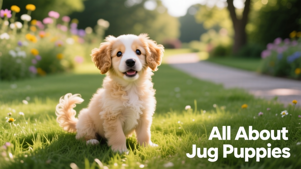 A playful jug puppy sitting on a grassy lawn, showing its expressive face and curly tail